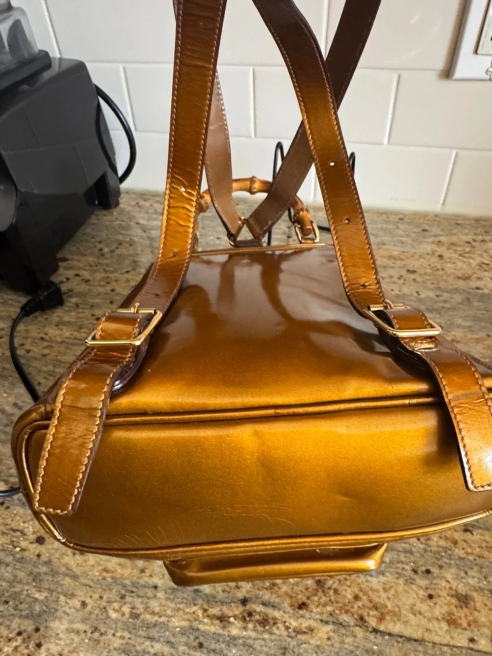 Gucci mini Patent Leather Drawstring Backpack ,, Bamboo Handle VTG Bronze - Picture 7 of 17